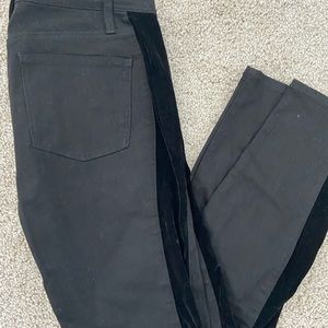 Madewell black denim with velvet tuxedo stripe down legs